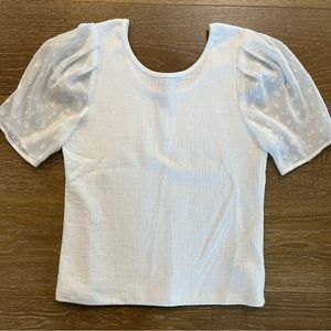 NWOT White Current Air blouse with sheer clip dot sleeves